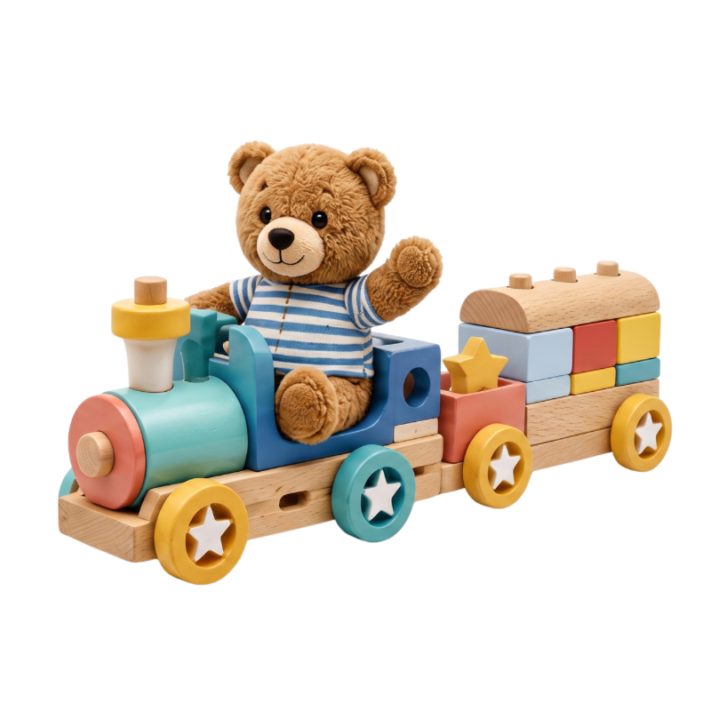 Wooden pull-along toy train with a teddy bear